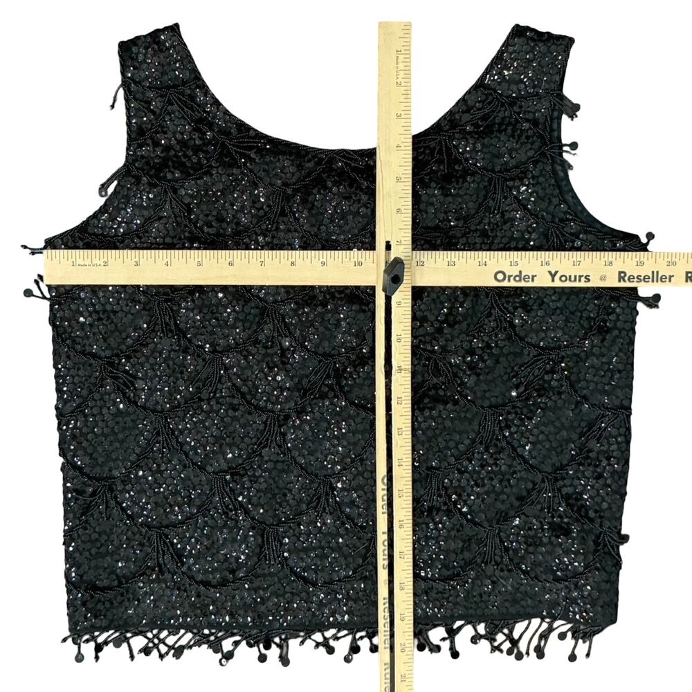 Vintage 70s Black Sequin Scallop Beaded Fringe Black Crop Wool Tank Top size M - Picture 4 of 9